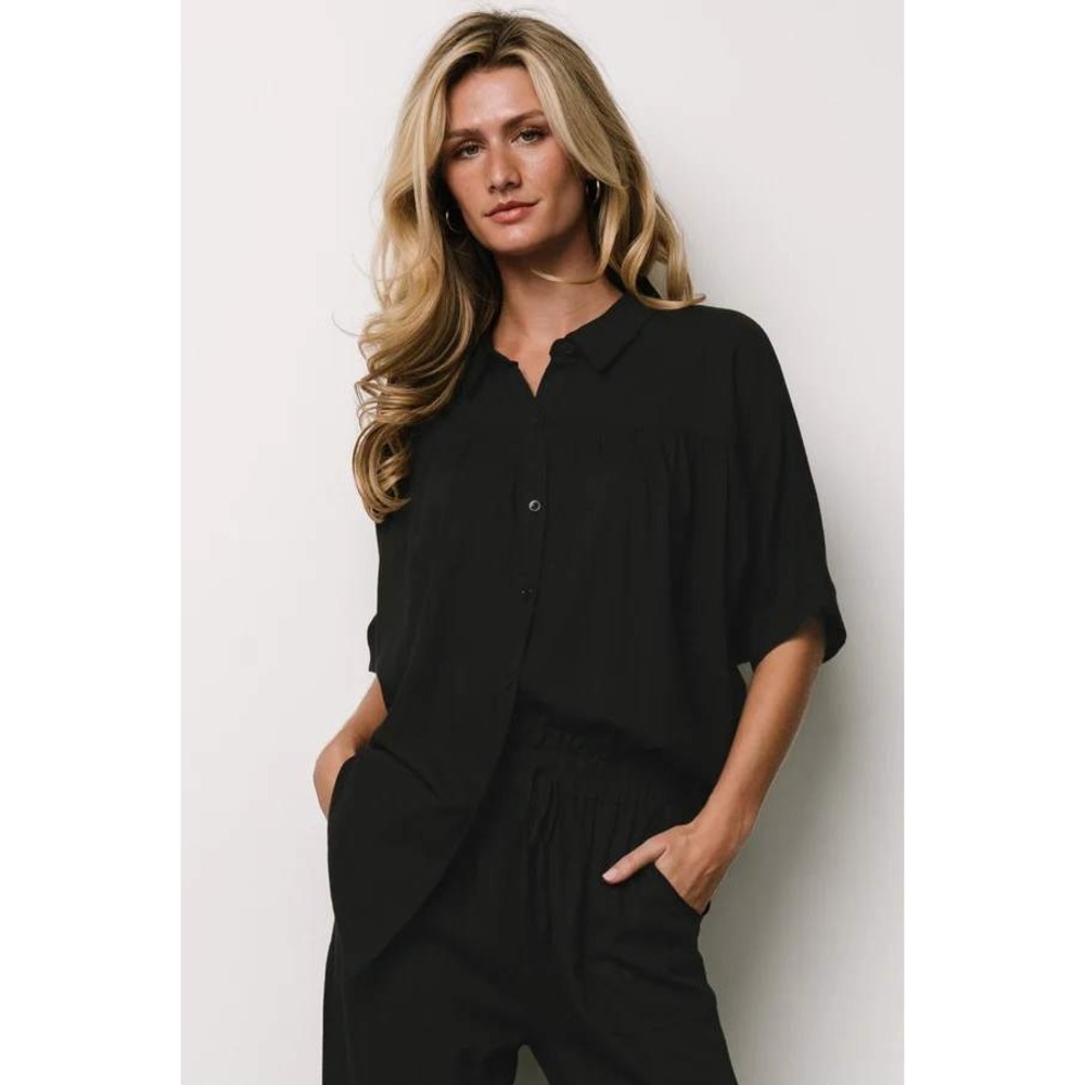 Baltic Born Romy Top Black Linen Blend Oversized Button Up‎ Collared Blouse 2XL